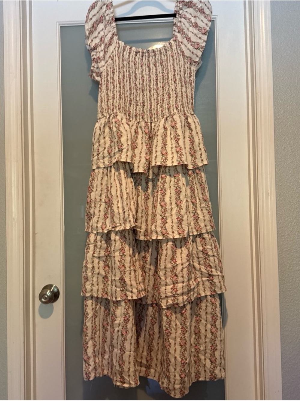 Smocked Tiered Maxi Dress in Cream with Pink Floral